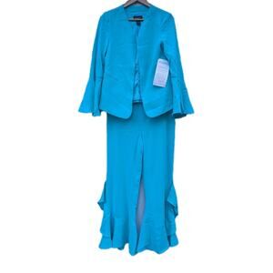 Ashro Womens Reneta Turquoise Pant Suit Ruffle Hem Flare Sleeve Sz 10/12